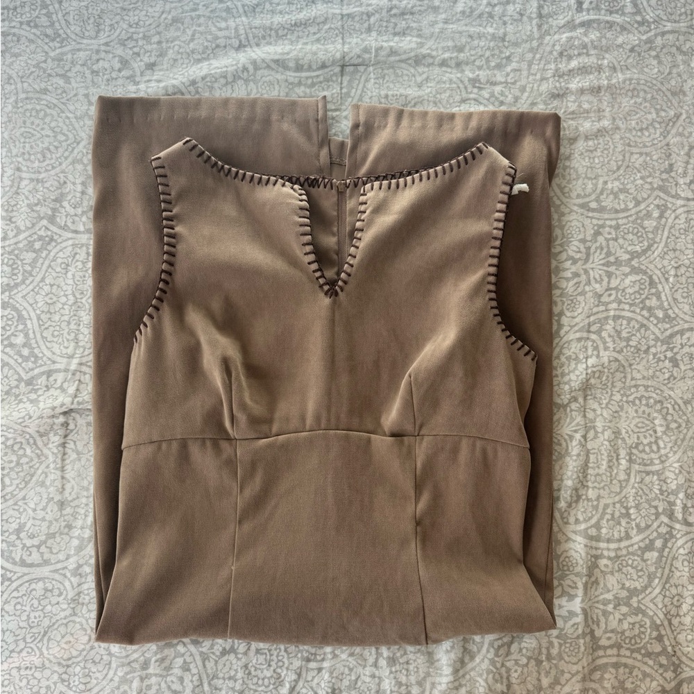 La Belle Tan Dress with Decorative Stitching